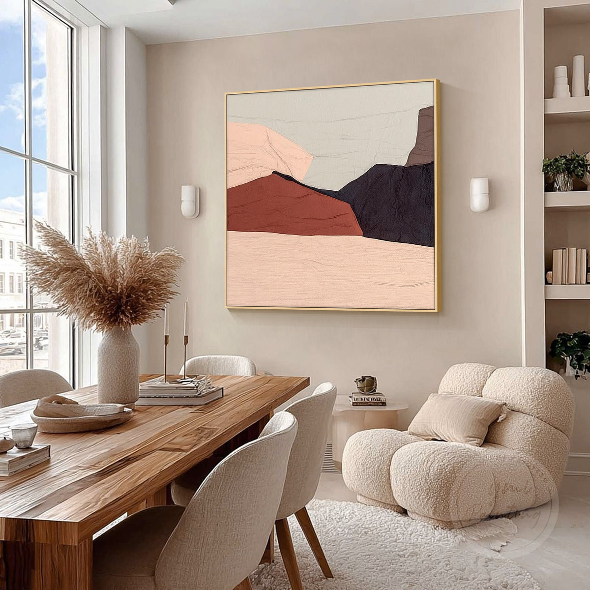 Terracotta abstract wall art displayed in a modern living room with neutral furniture.