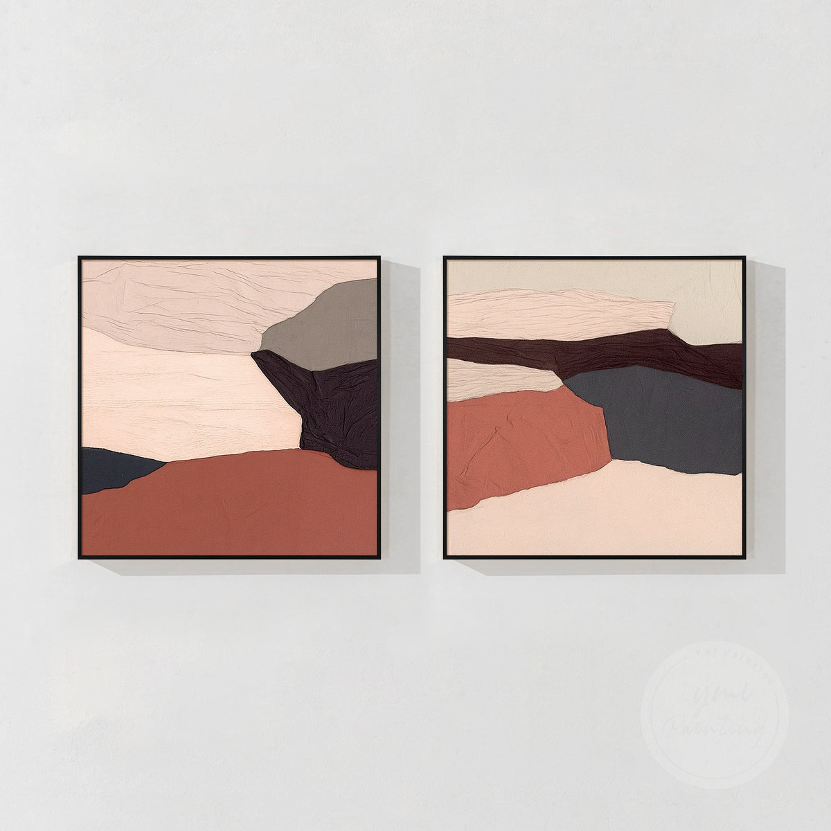 Terracotta abstract art pair on a neutral wall with warm wood furniture.