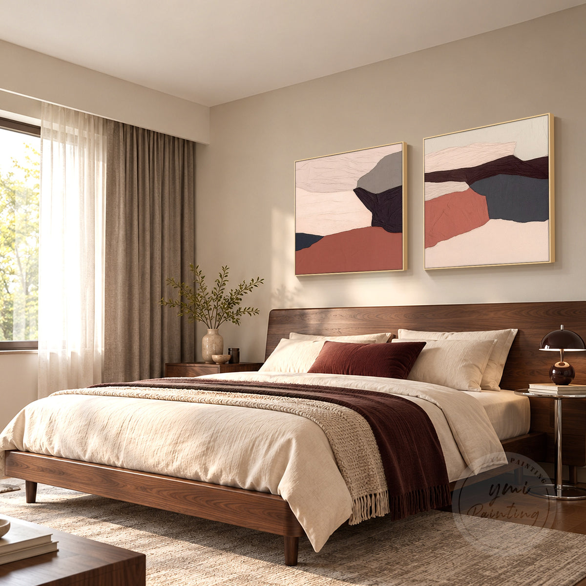 Terracotta abstract art set in a home office with minimalist decor.