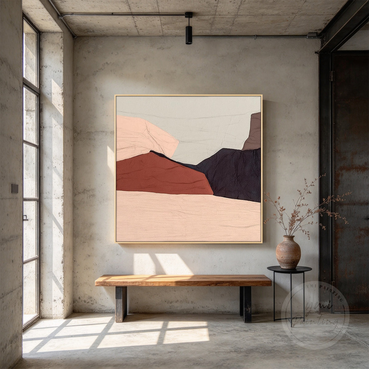 Side view of terracotta abstract wall art canvas showing raised texture and depth.