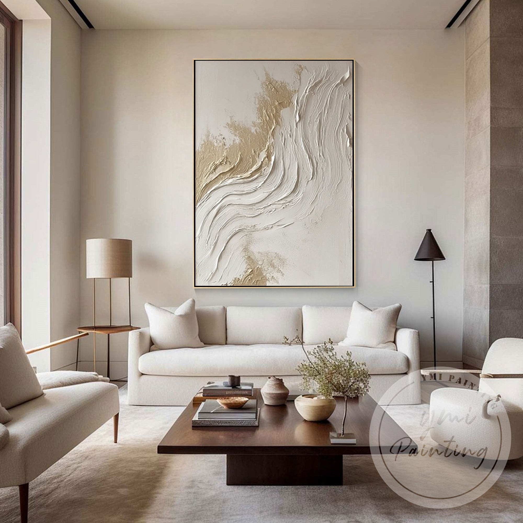 Neutral beige white abstract textured wall art close up