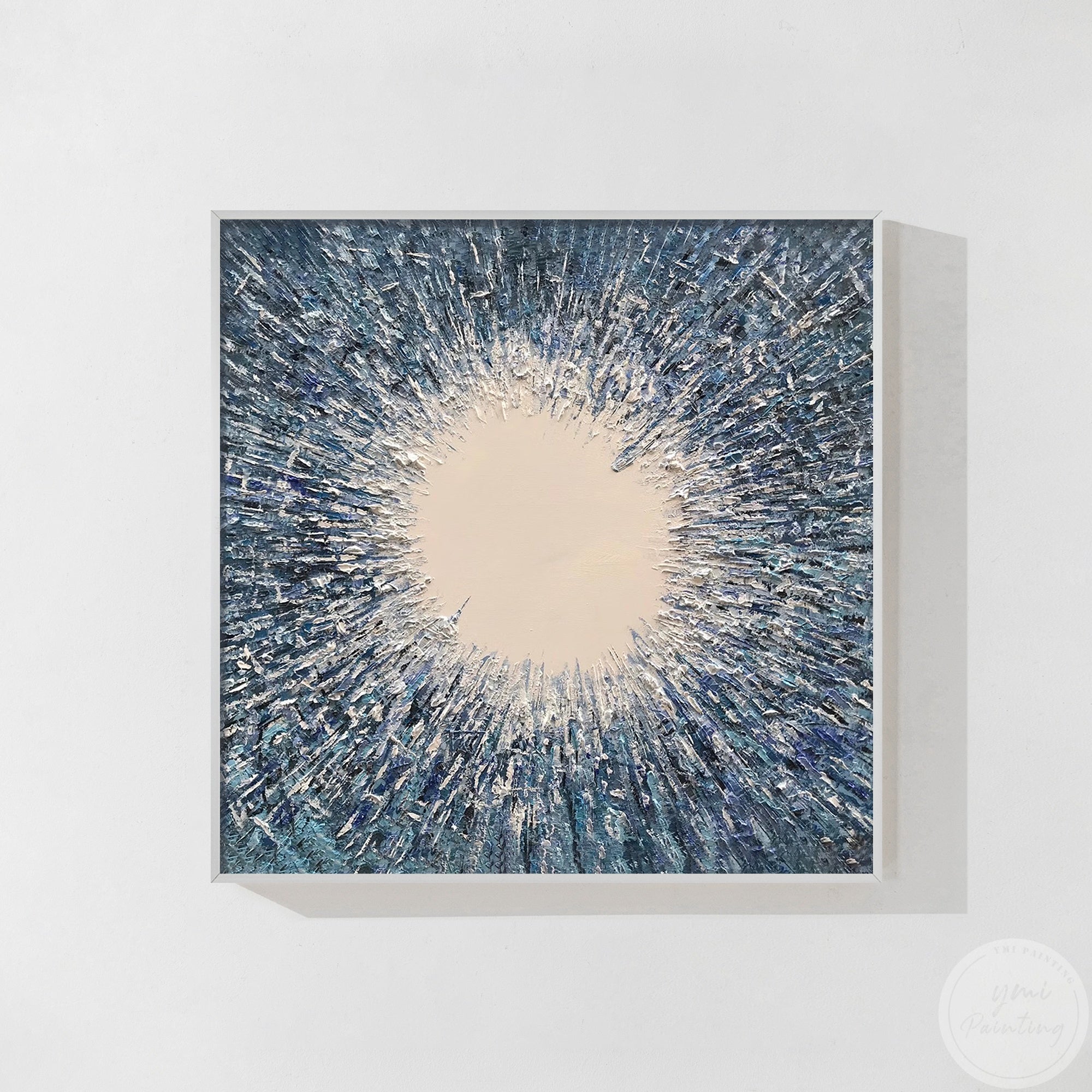 Textured abstract blue-gray painting for modern home decor in a silver frame