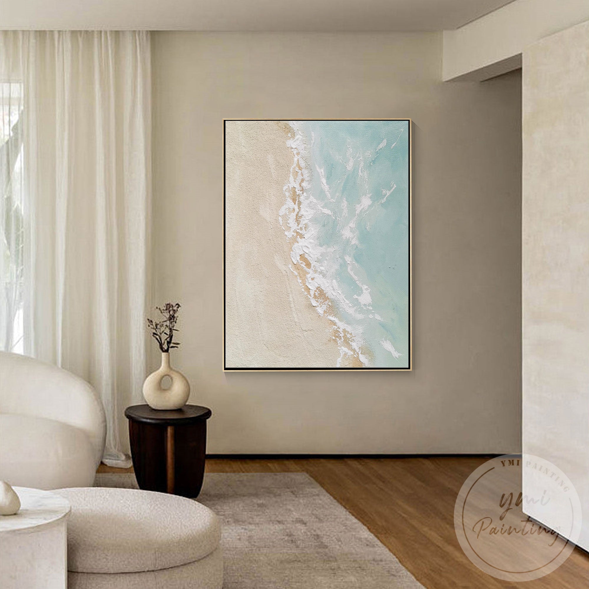 Seafoam wave abstract beach painting modern neutral canvas