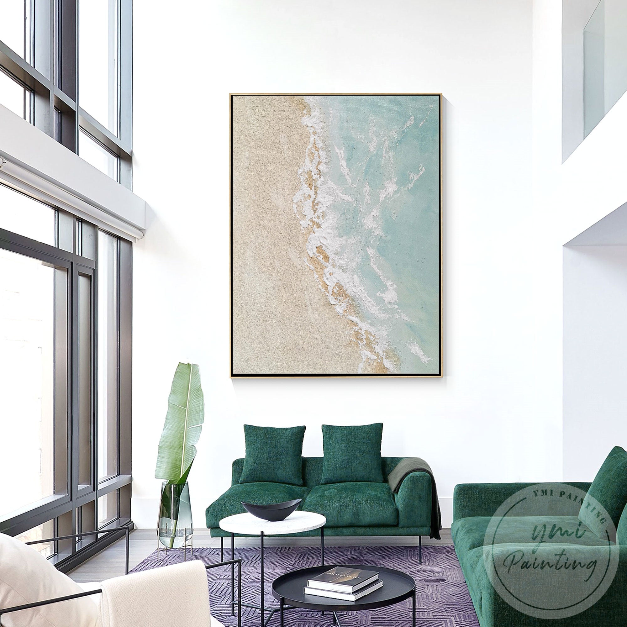 Minimalist beach landscape artwork with soft wave texture