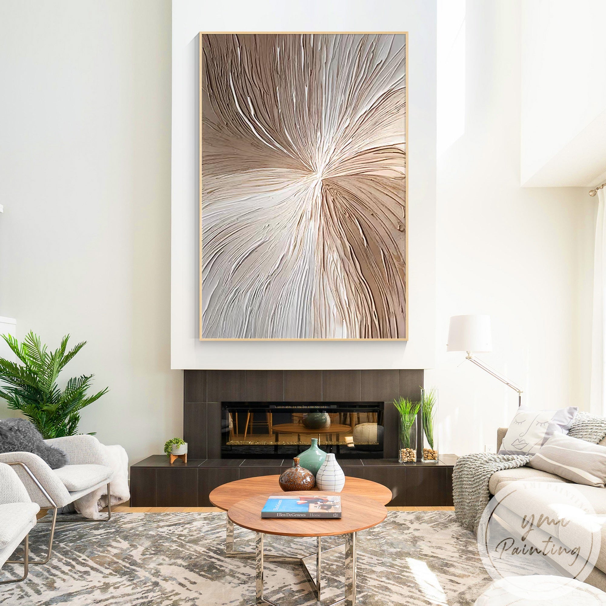 Ready to hang framed abstract canvas in soft beige earth tones
