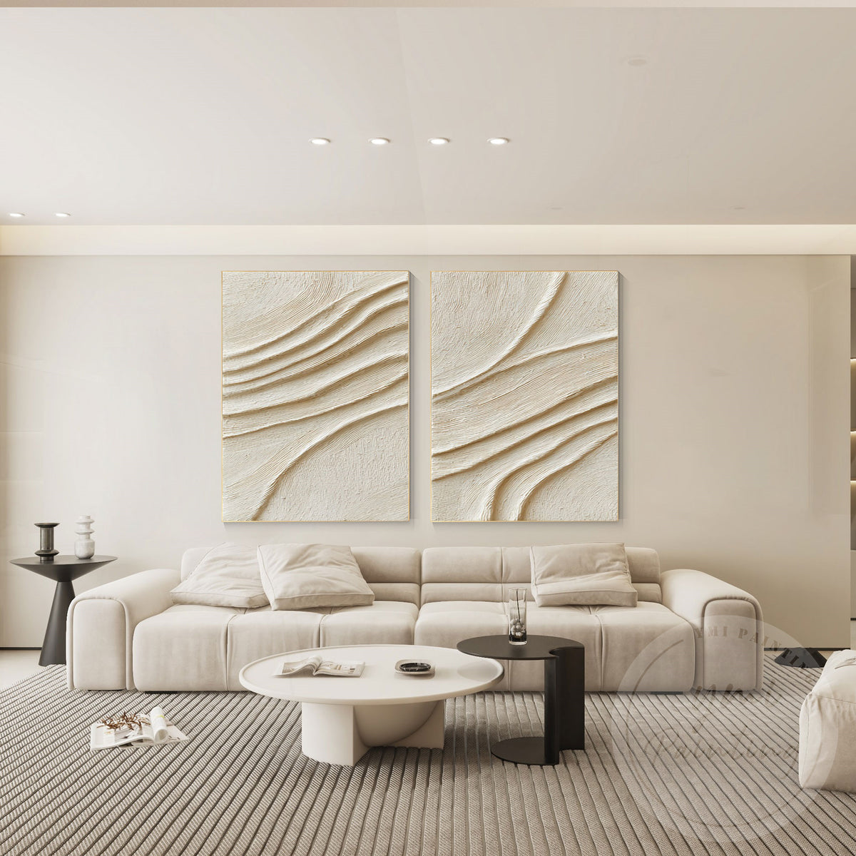 Textured beige abstract relief painting with natural wave design