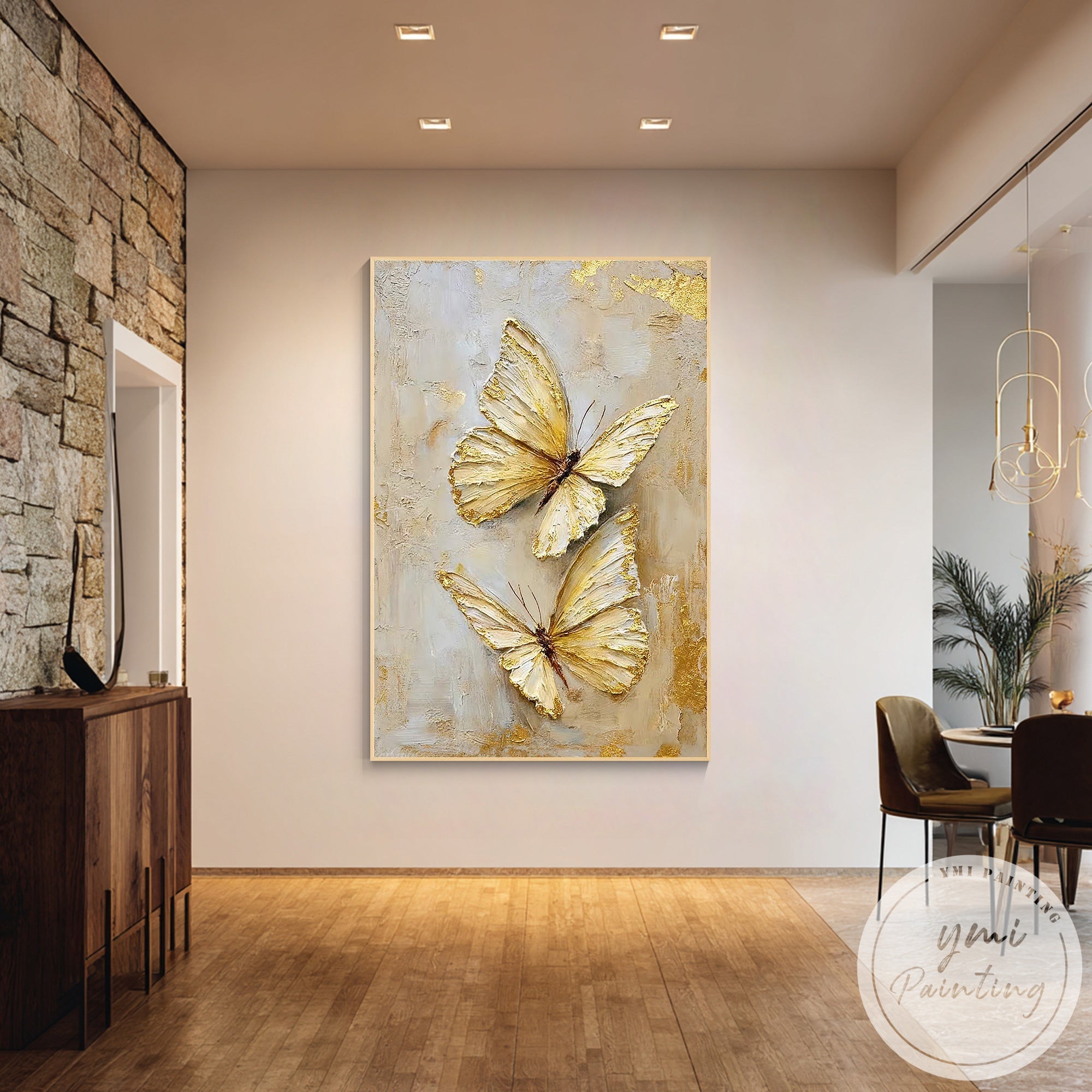 Modern vertical framed butterfly wall art textured surface