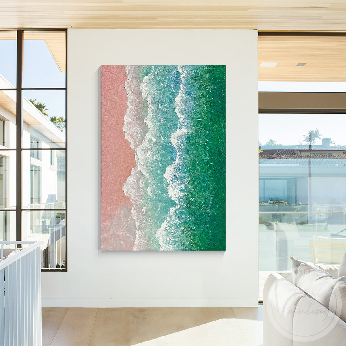Pink sand beach canvas art with green ocean wave design