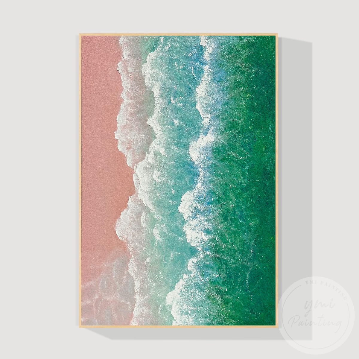 Textured coastal abstract painting with pink sand and green waves