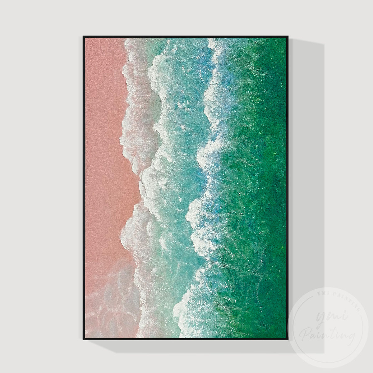 Abstract seaside wall art with textured pink sand and waves