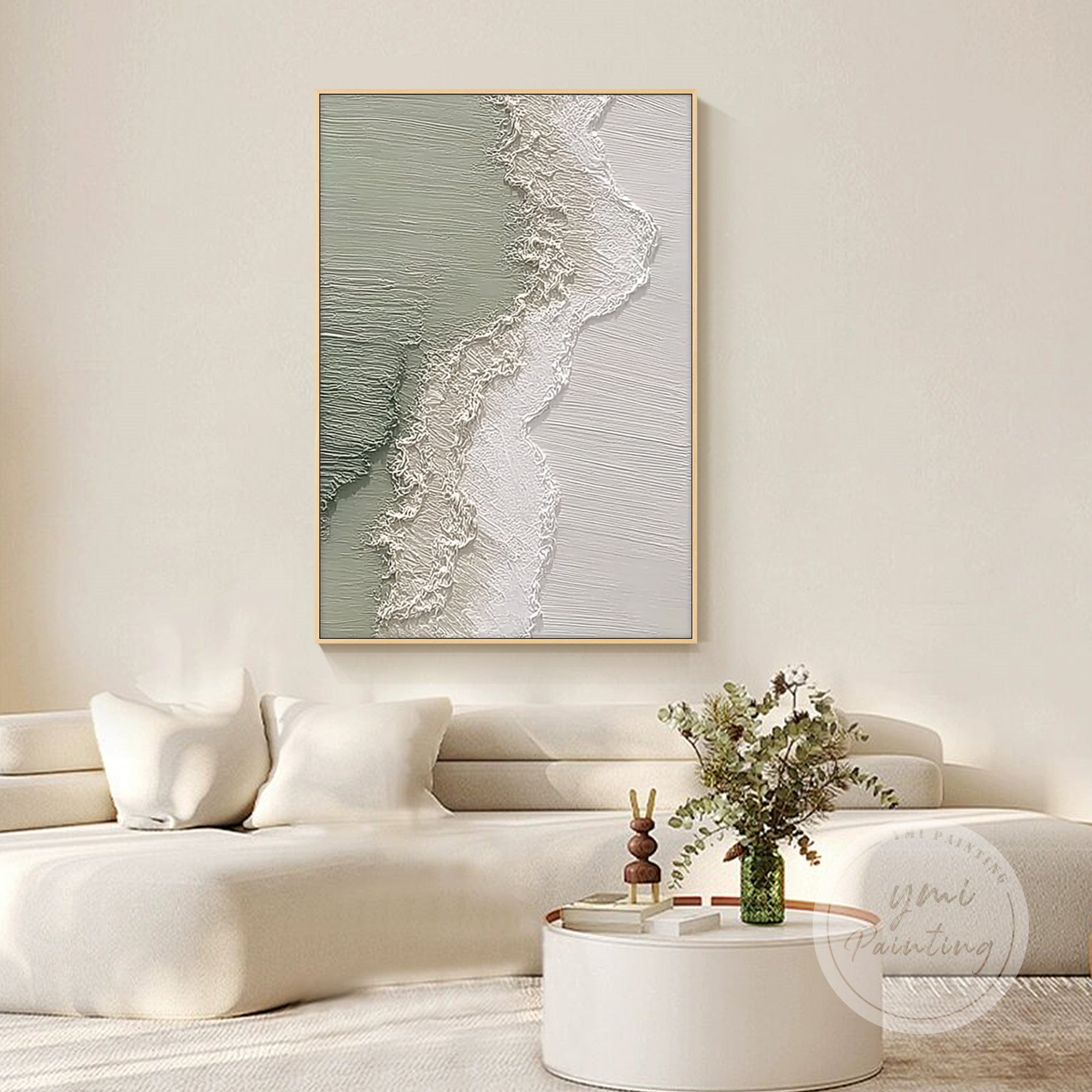 abstract shoreline texture painting in bright living room