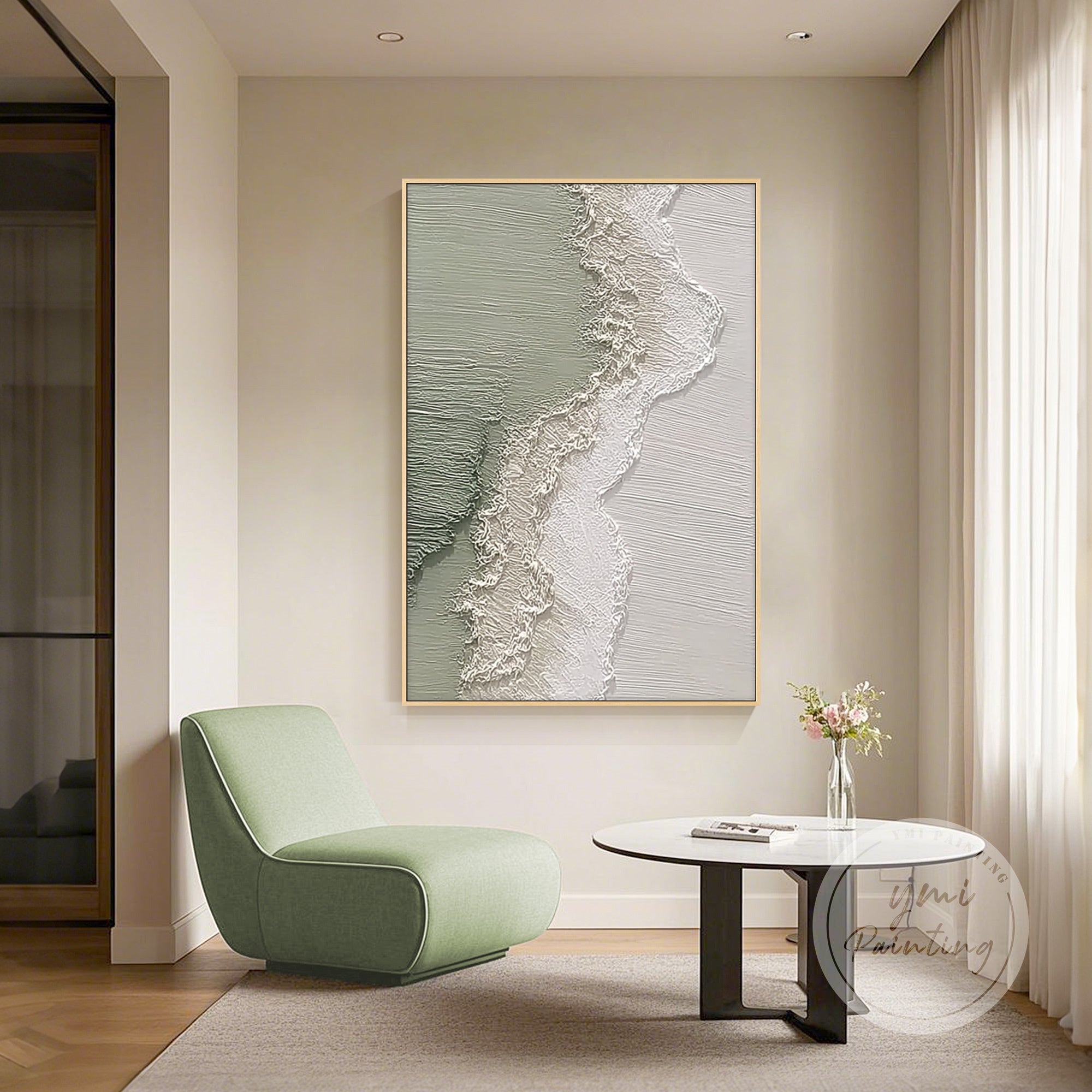 coastal abstract canvas displayed in dining room