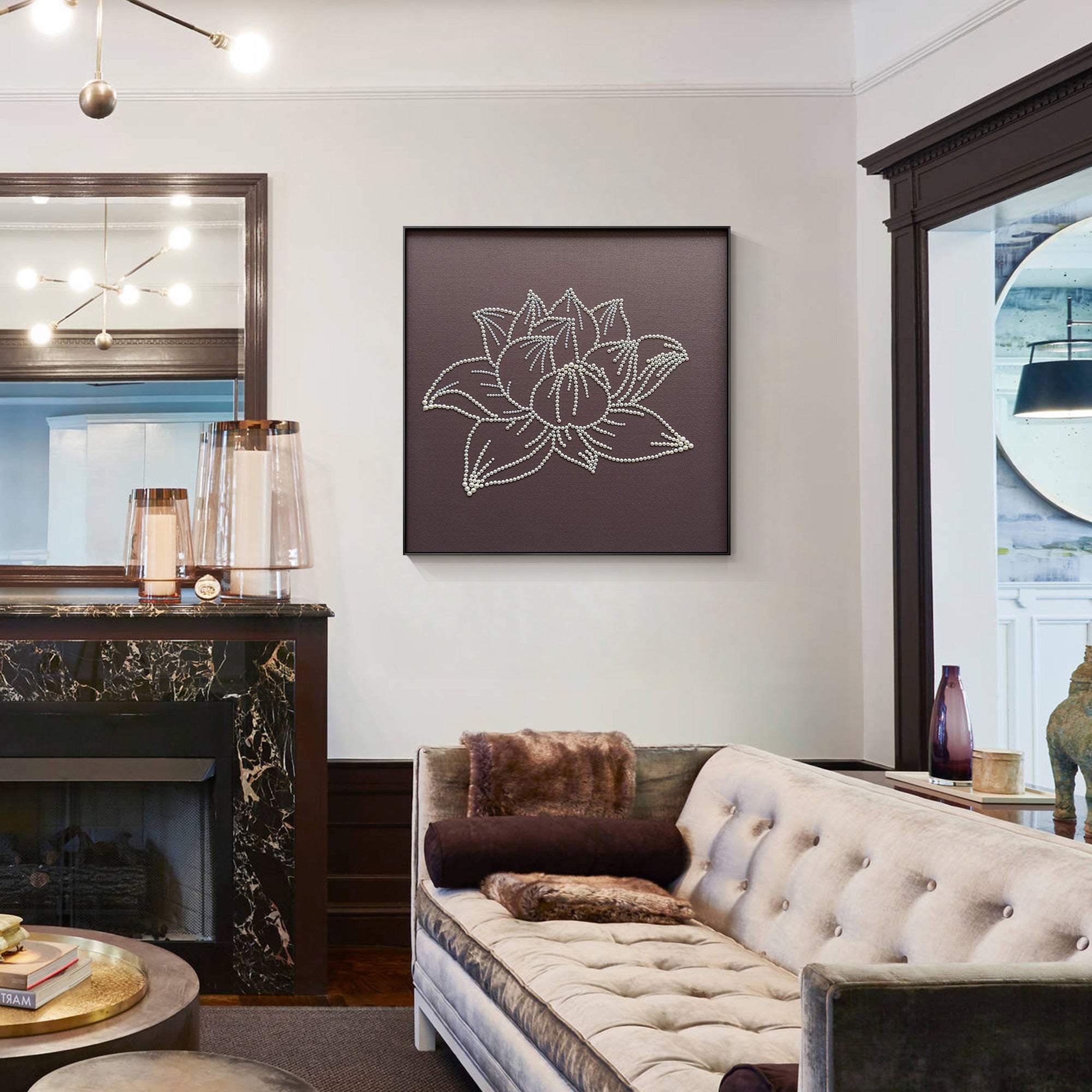 Close-up of the textured lotus flower, where the pearls add a tactile dimension to the painting decoring besides a new-classical fireplace.