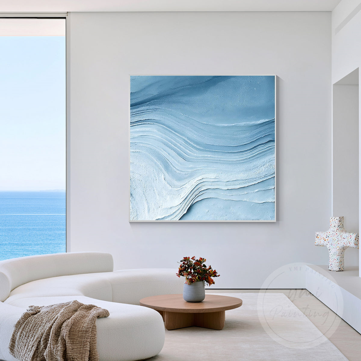 Textured blue ocean wave canvas painting with raised texture