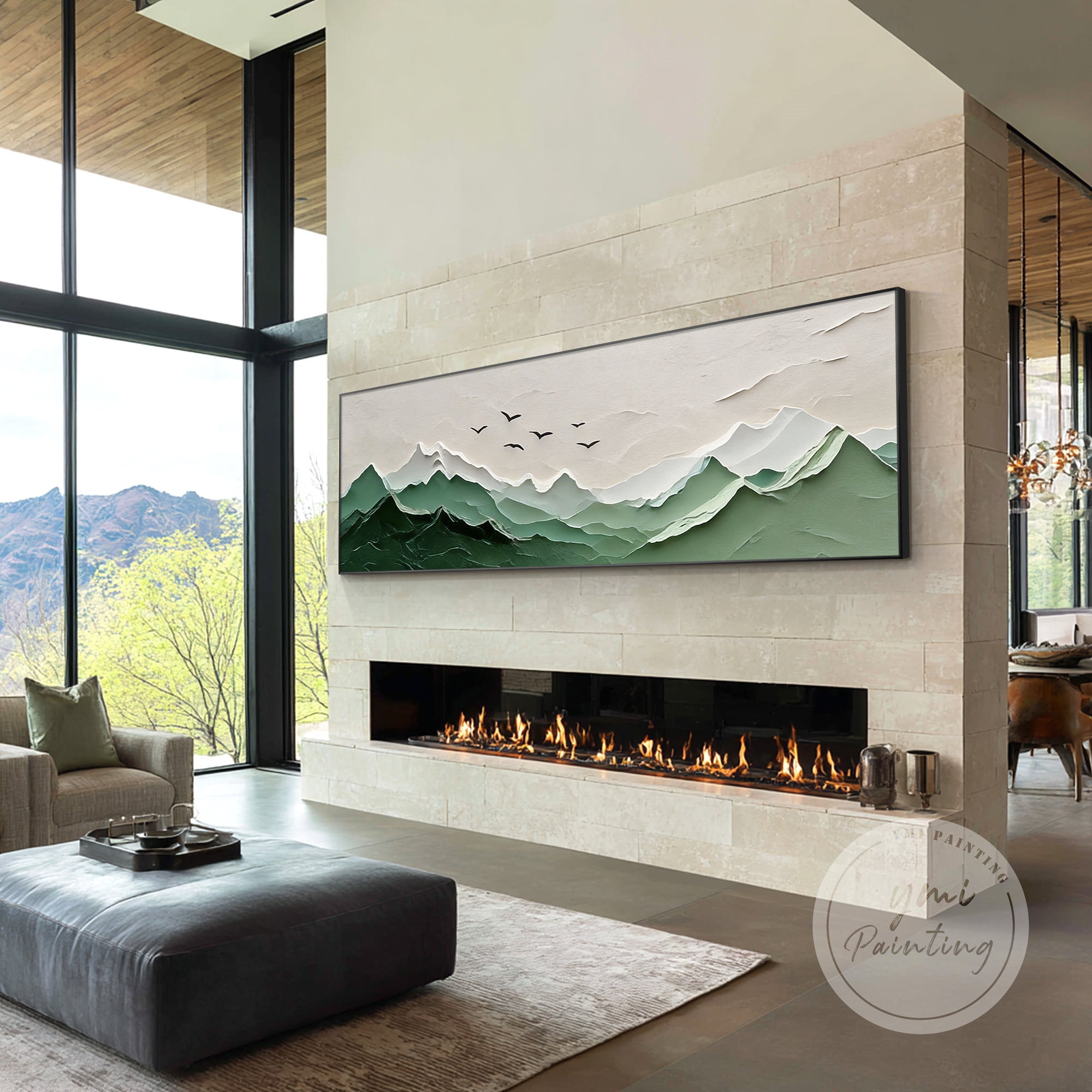 textured landscape canvas in bright minimalist living room