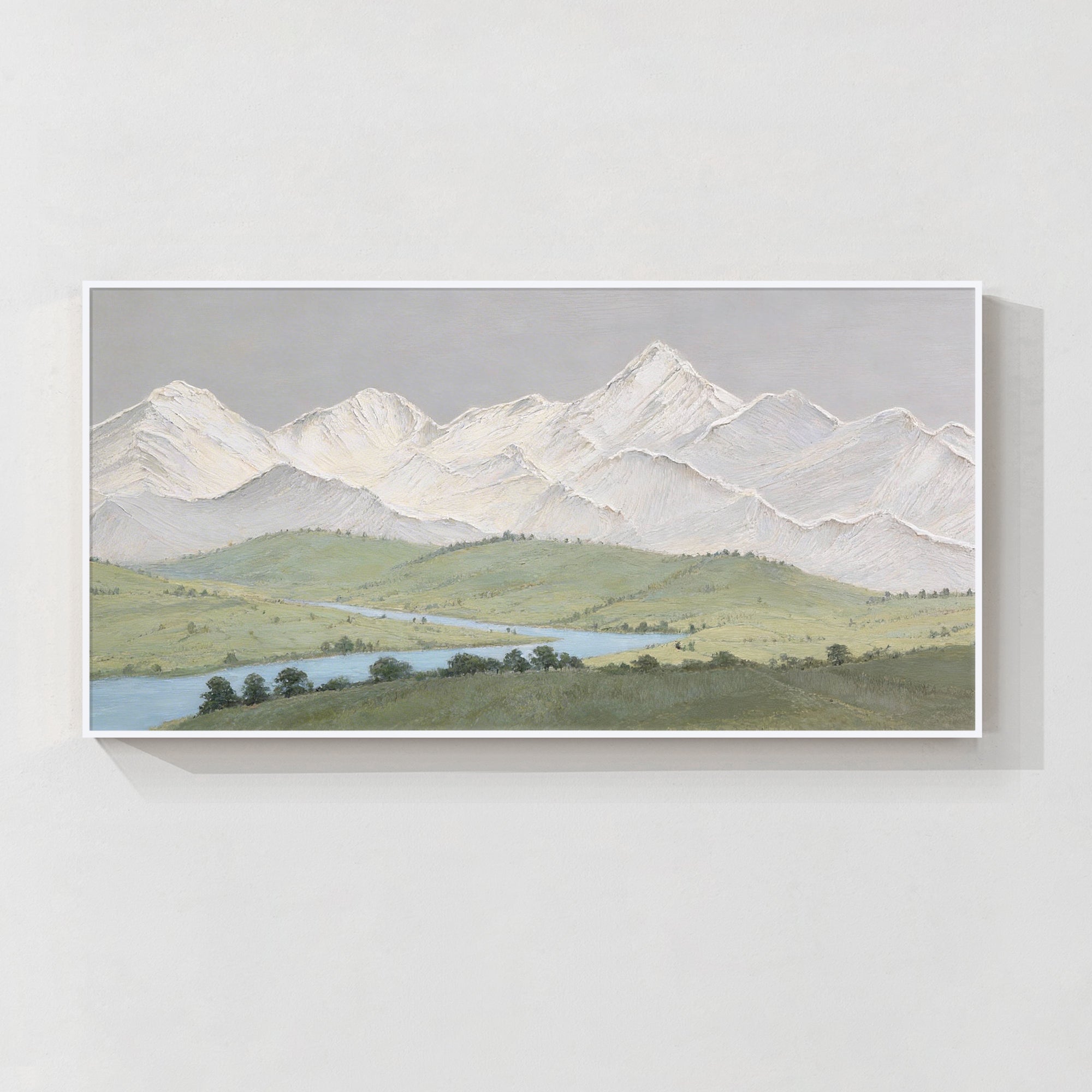 panoramic mountain landscape wall art above modern living room sofa