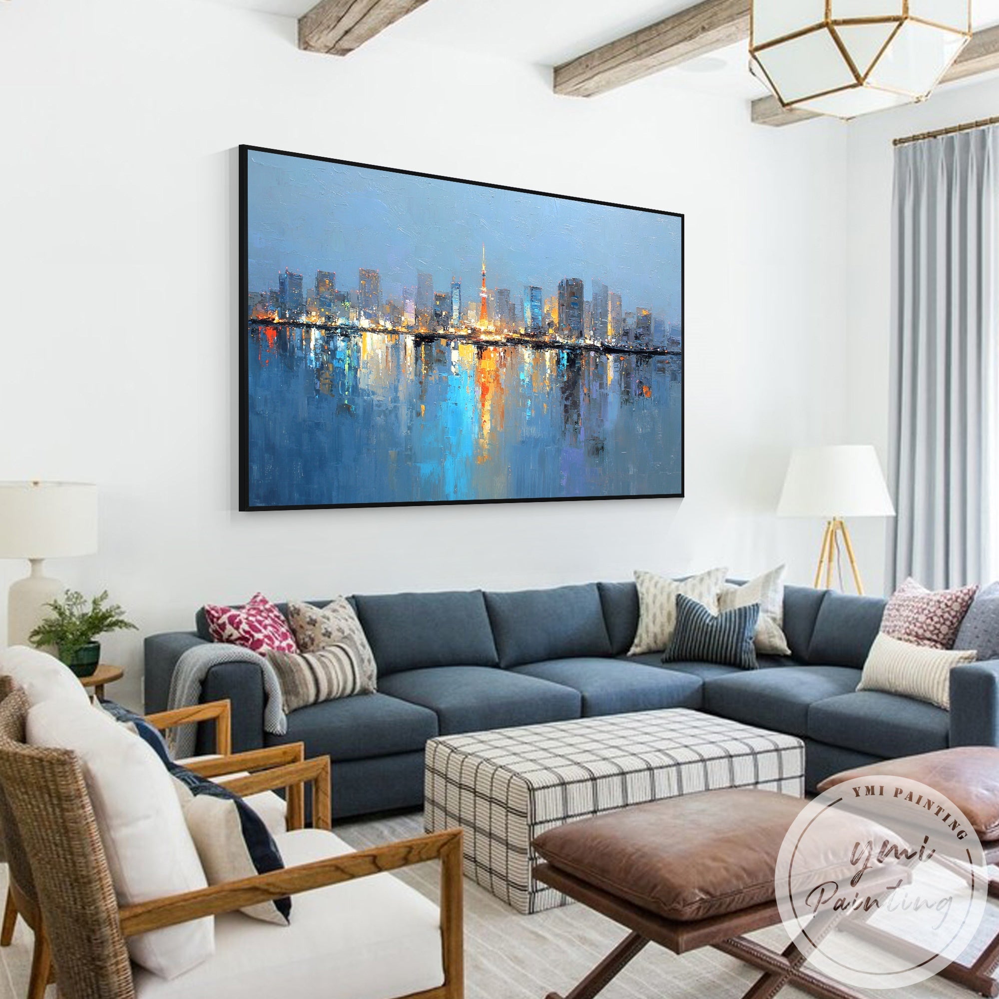 Oversized abstract cityscape painting Tokyo skyline canvas