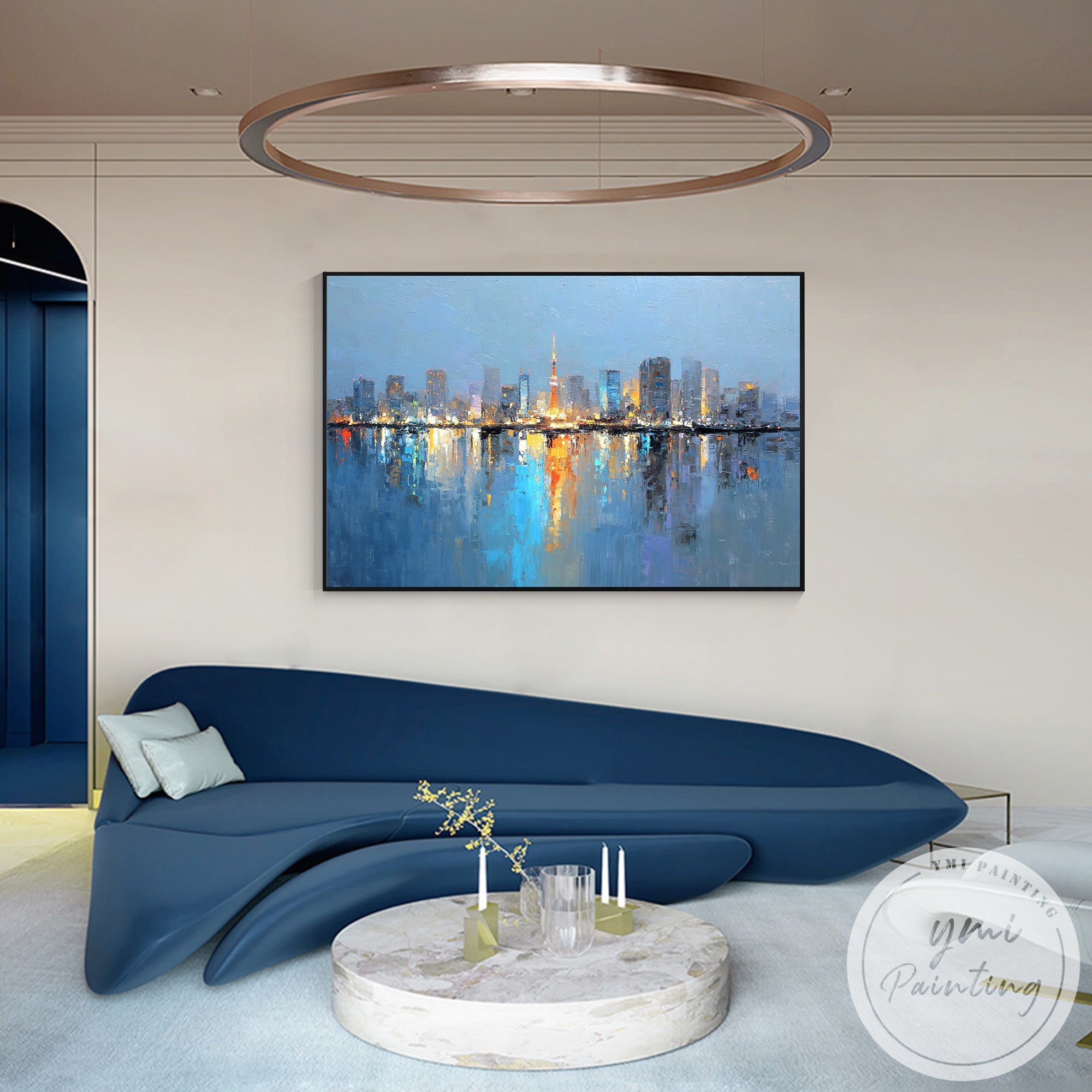 Large horizontal urban skyline artwork for office wall decor