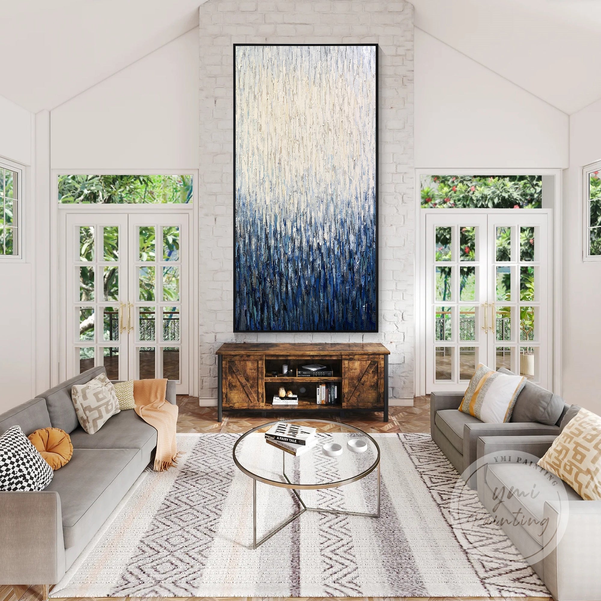 Blue white hand painted wall art
