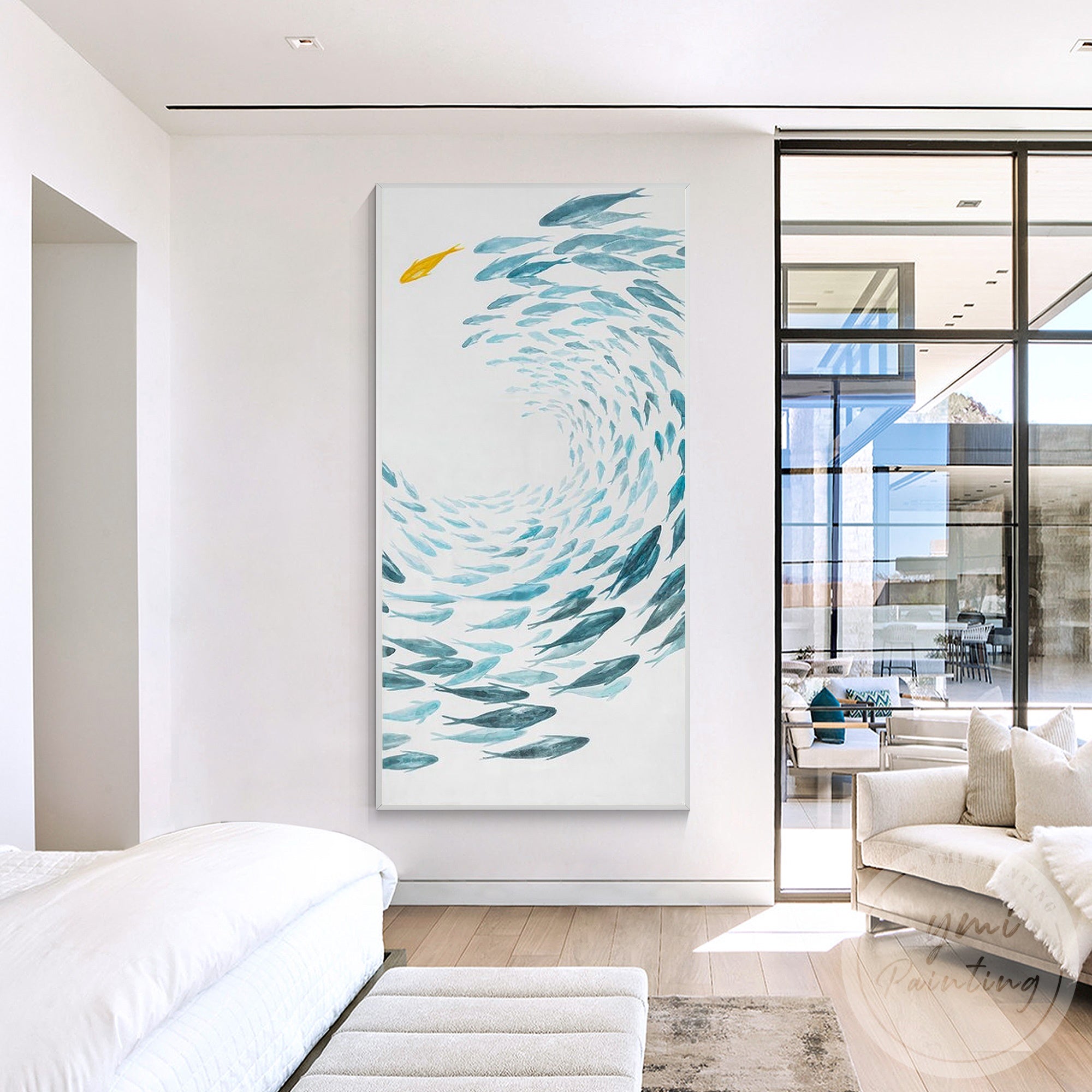 Hand painted ocean canvas artwork with blue fish design