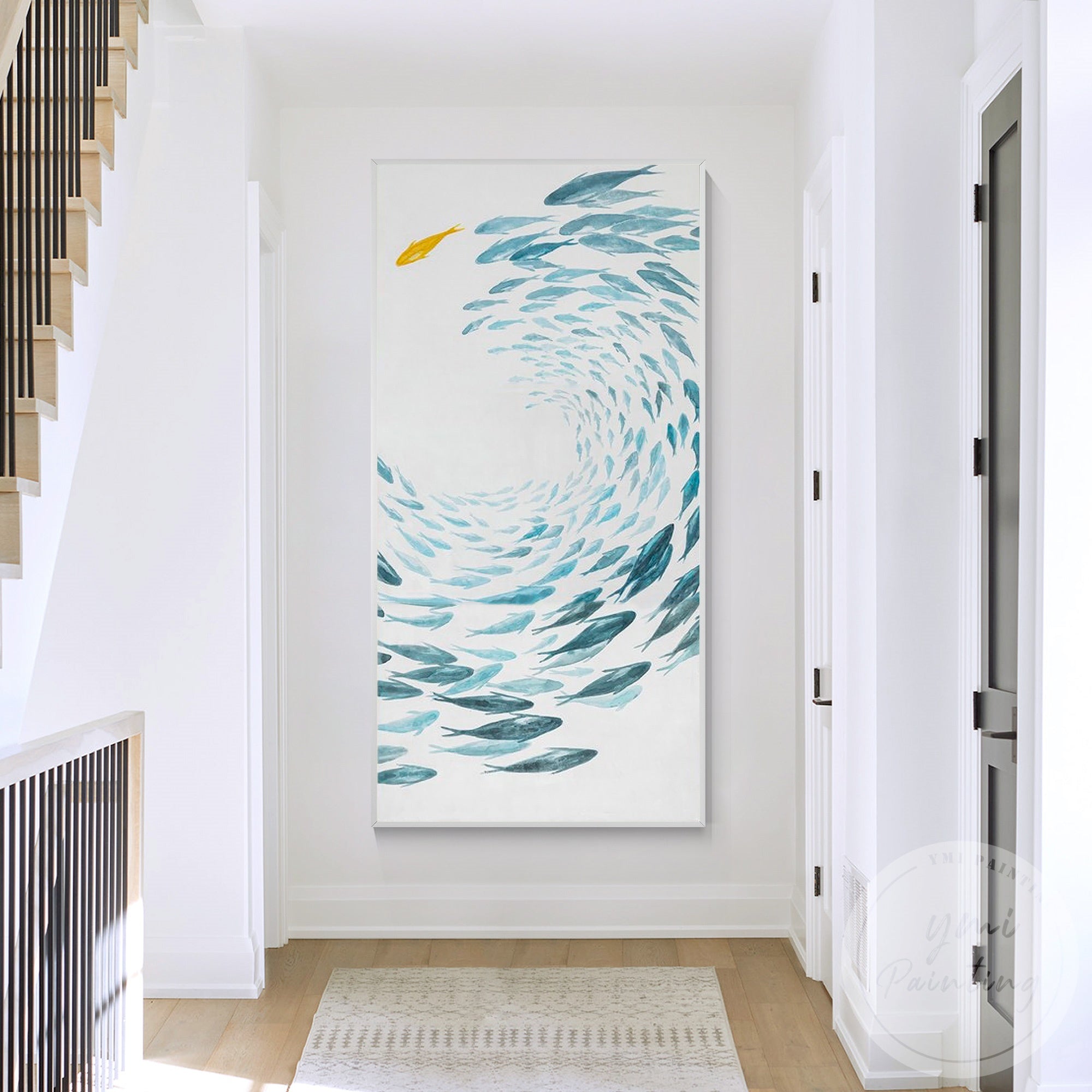 Hand painted blue fish canvas for coastal home decor