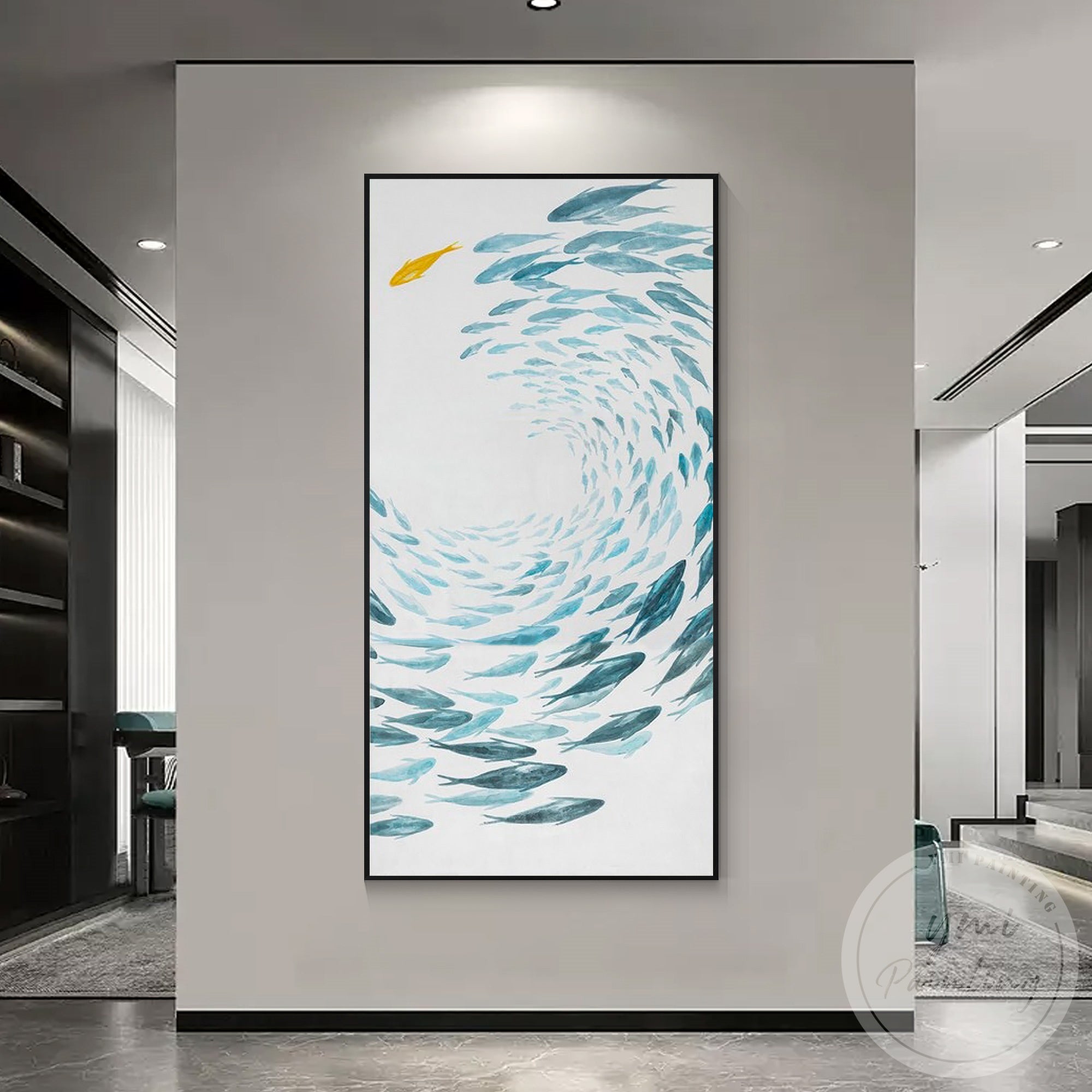 Blue watercolor fish painting modern coastal canvas art