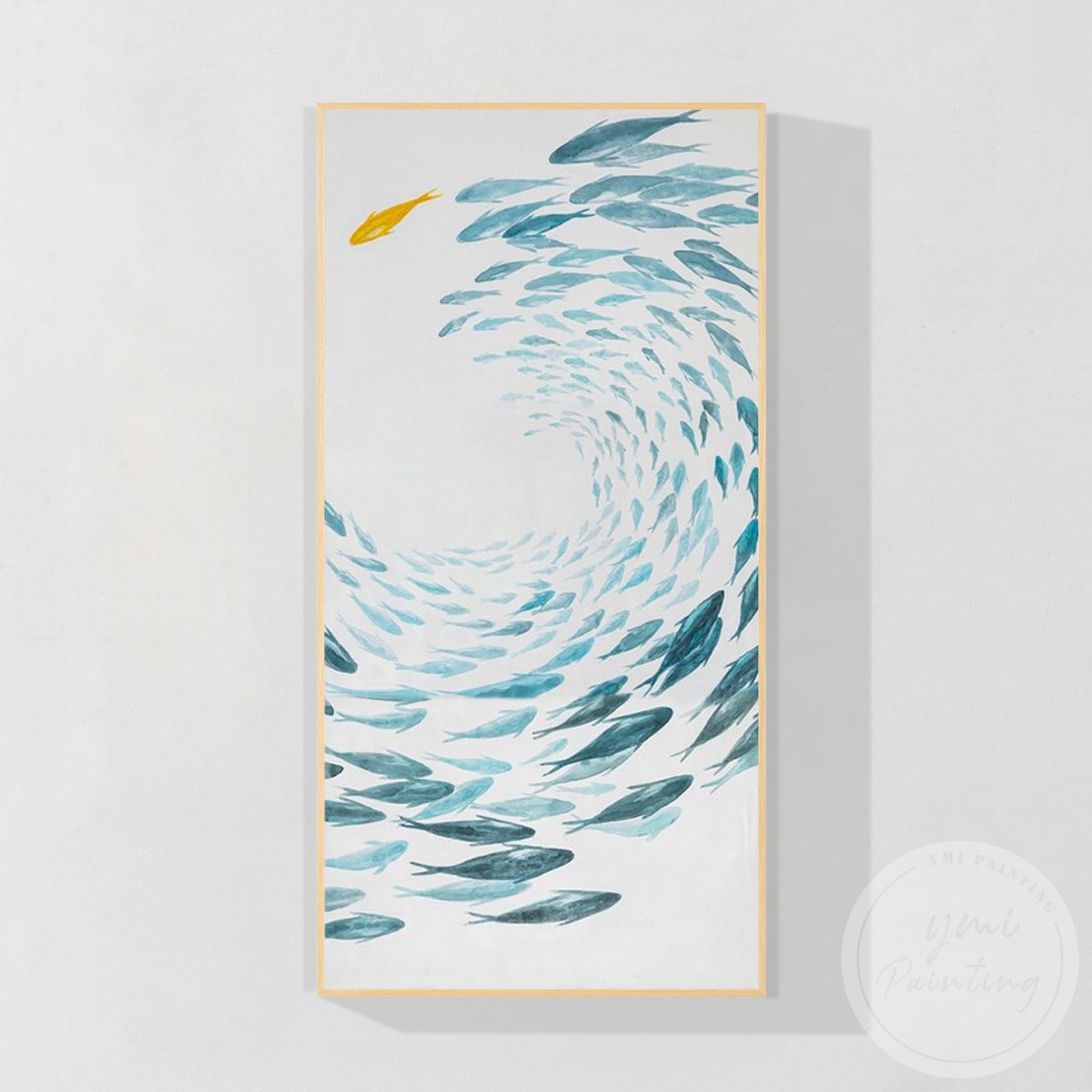 Blue ocean fish wall decor with flowing school composition