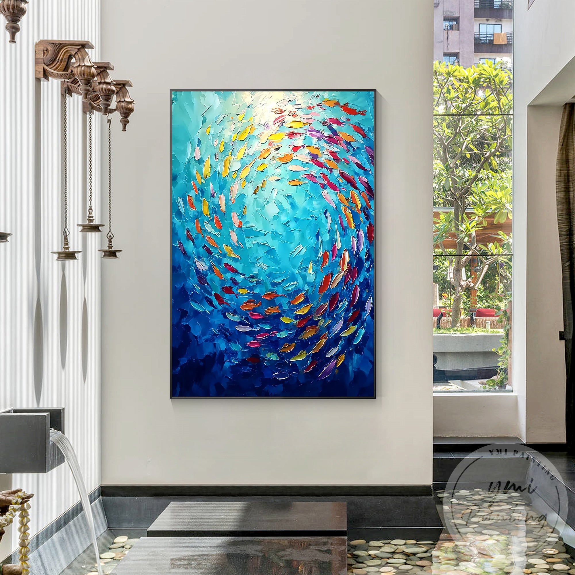 Hand painted colorful school of fish canvas artwork