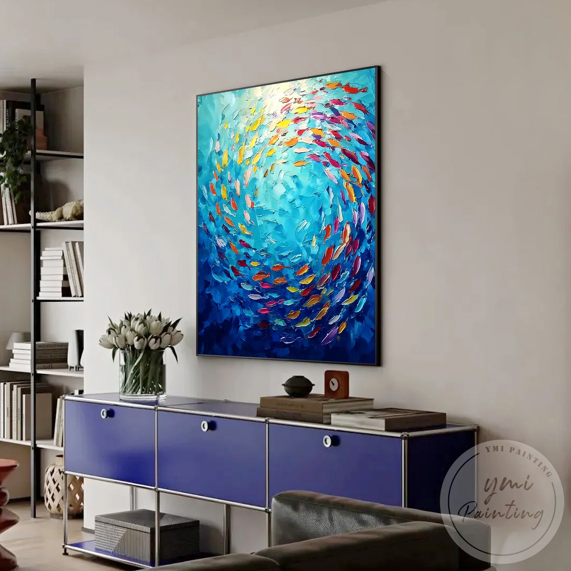 Fish swarm painting ocean wall decor for living room