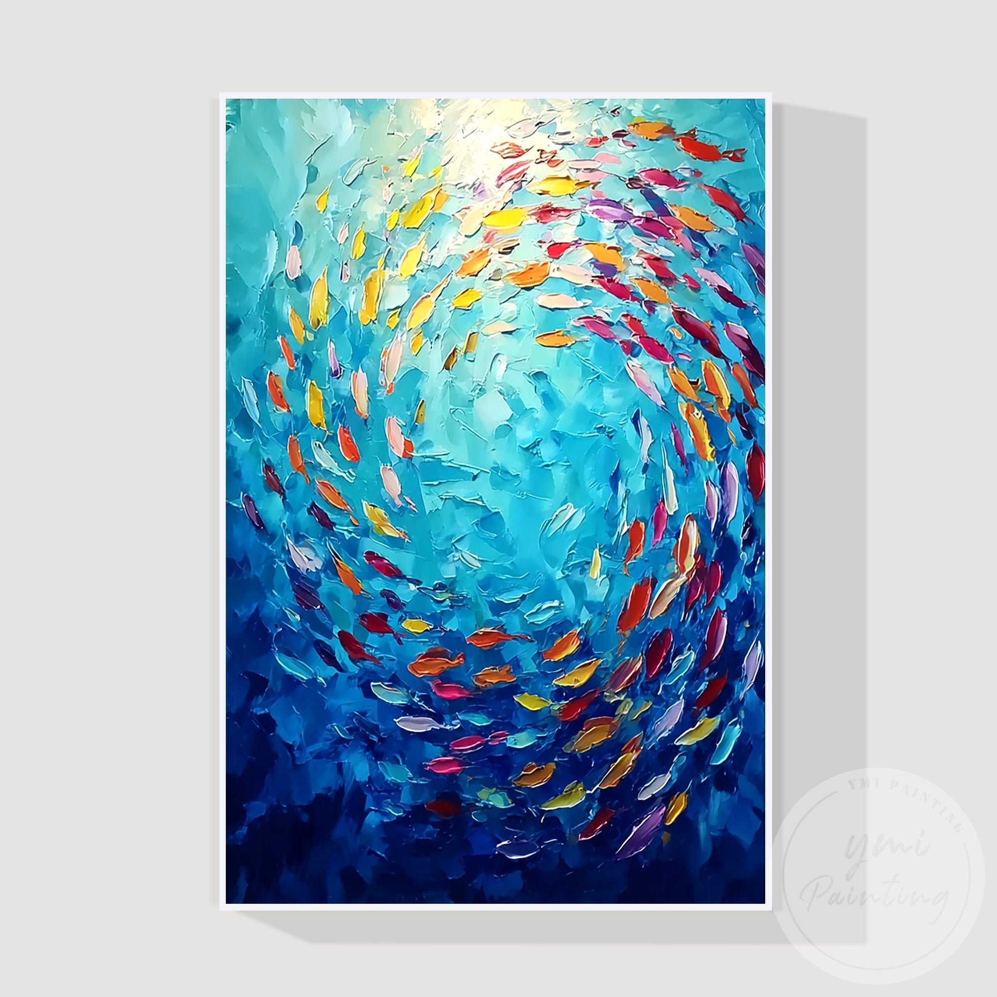 Abstract school of fish canvas art colorful ocean design