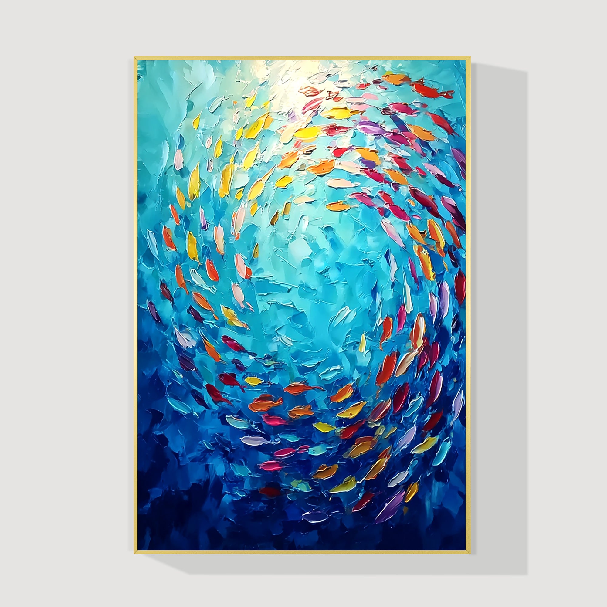 Vibrant fish swarm abstract painting ocean canvas wall art