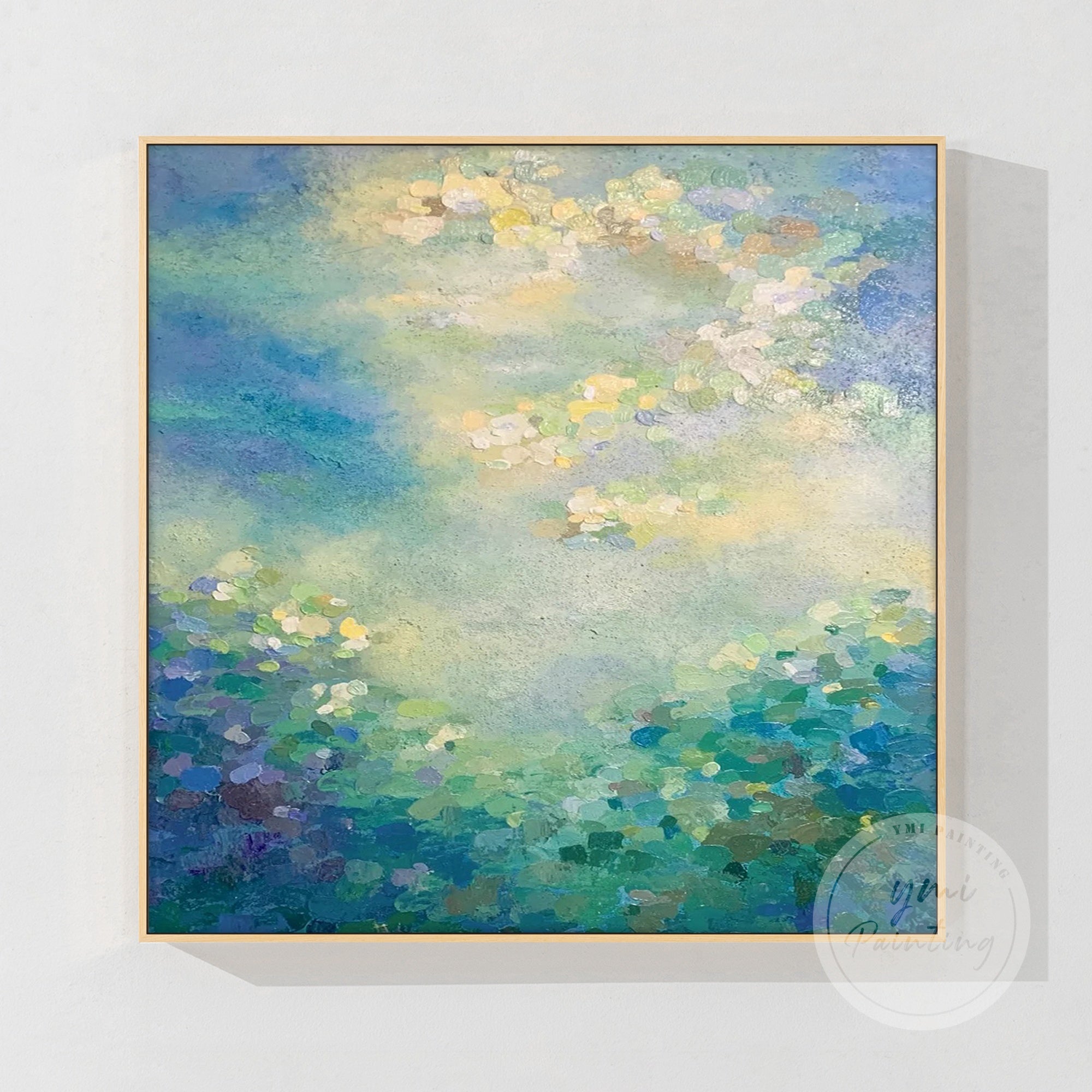 Oil painting of water lilies with gold accents, inspired by Monet’s Impressionism.