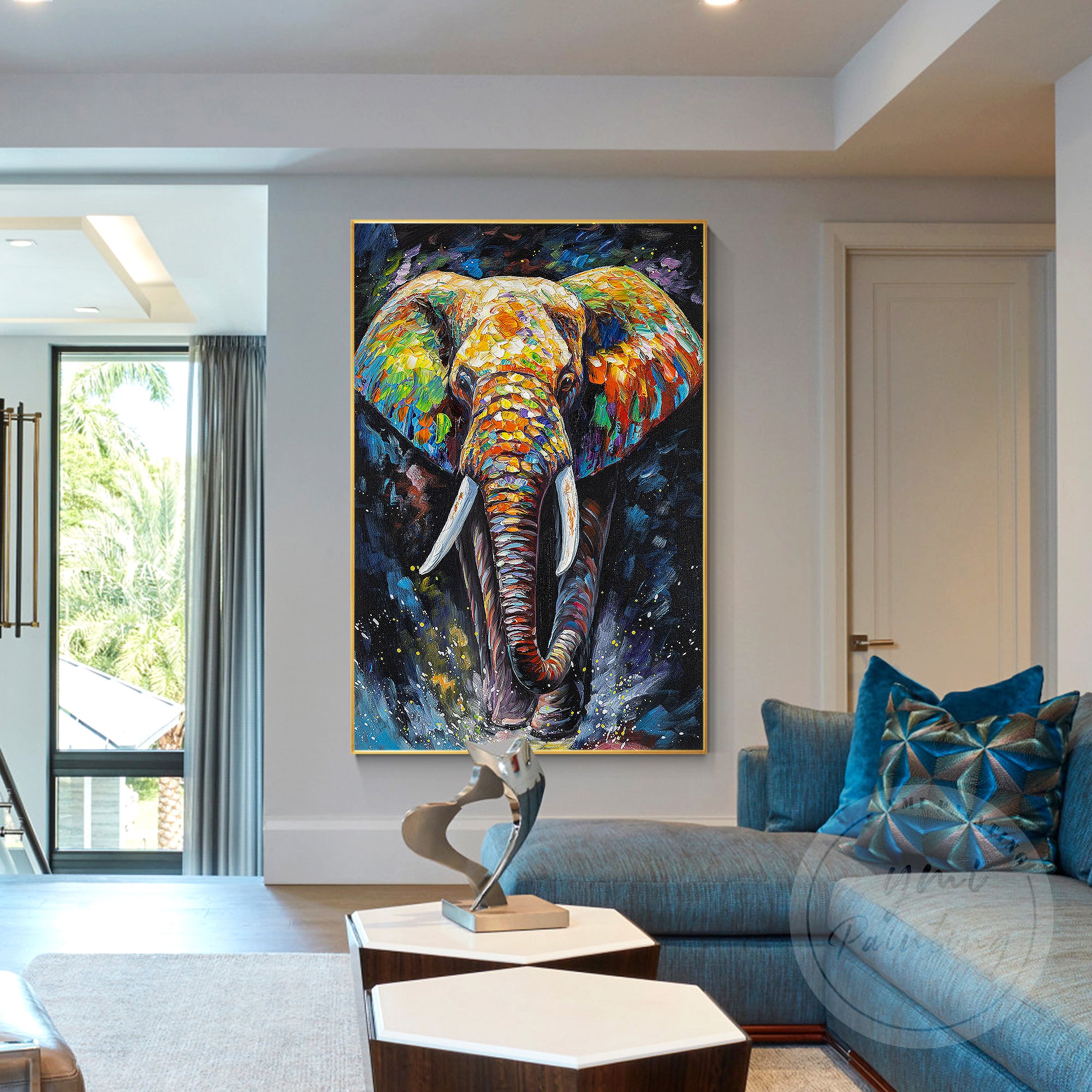 Mystical elephant painting featuring glowing hues and a captivating gaze, creating an ethereal atmosphere of night.