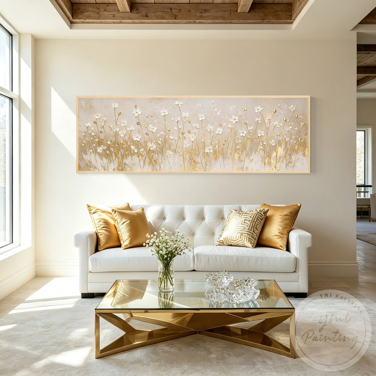 Horizontal white floral canvas with elegant gold accents
